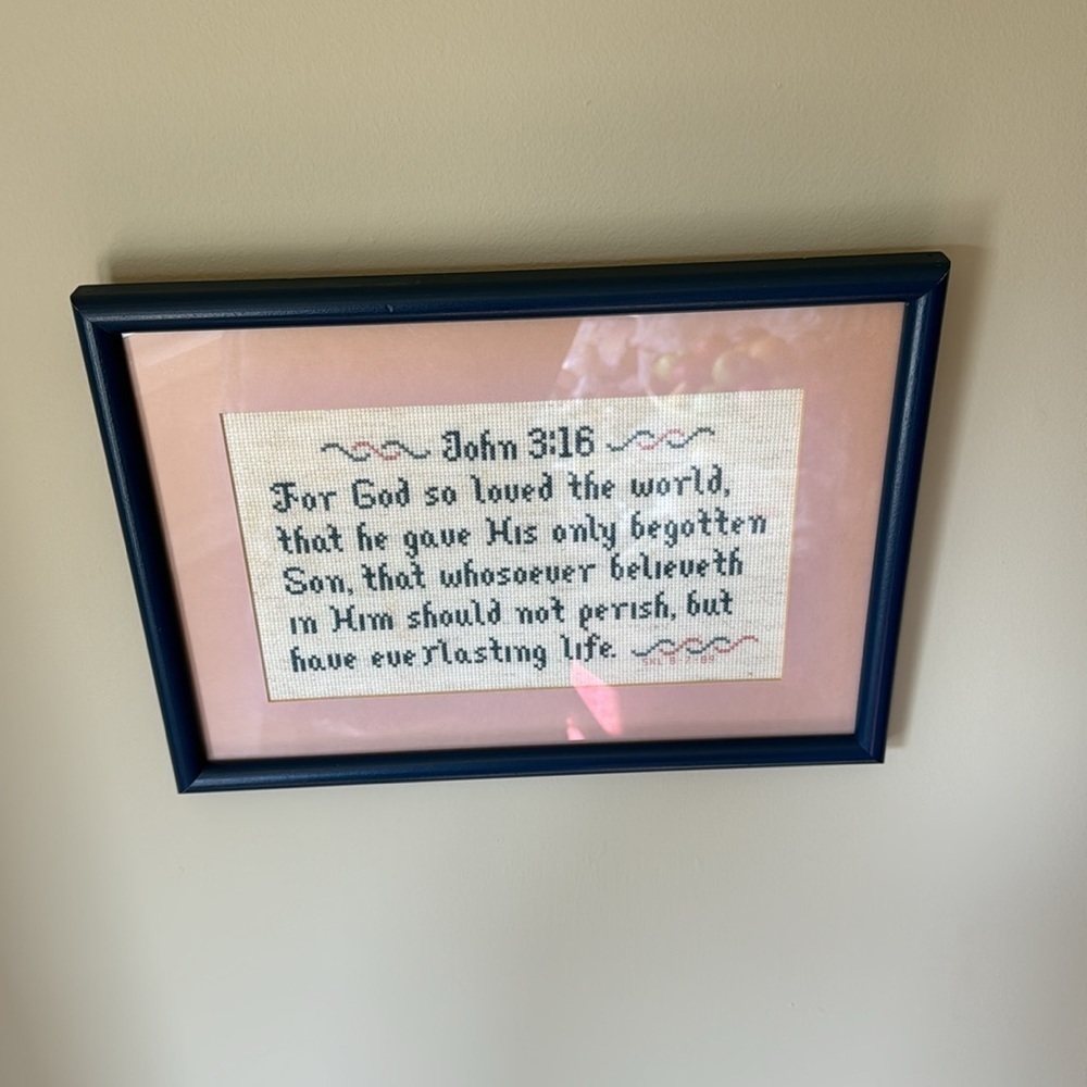 VINTAGE 1989~BLUE~WOOD~
FRAMED~CROSS STITCH~JOHN 3:16~ECRU BACKGROUND~NICE~BR - Picture 6 of 7
